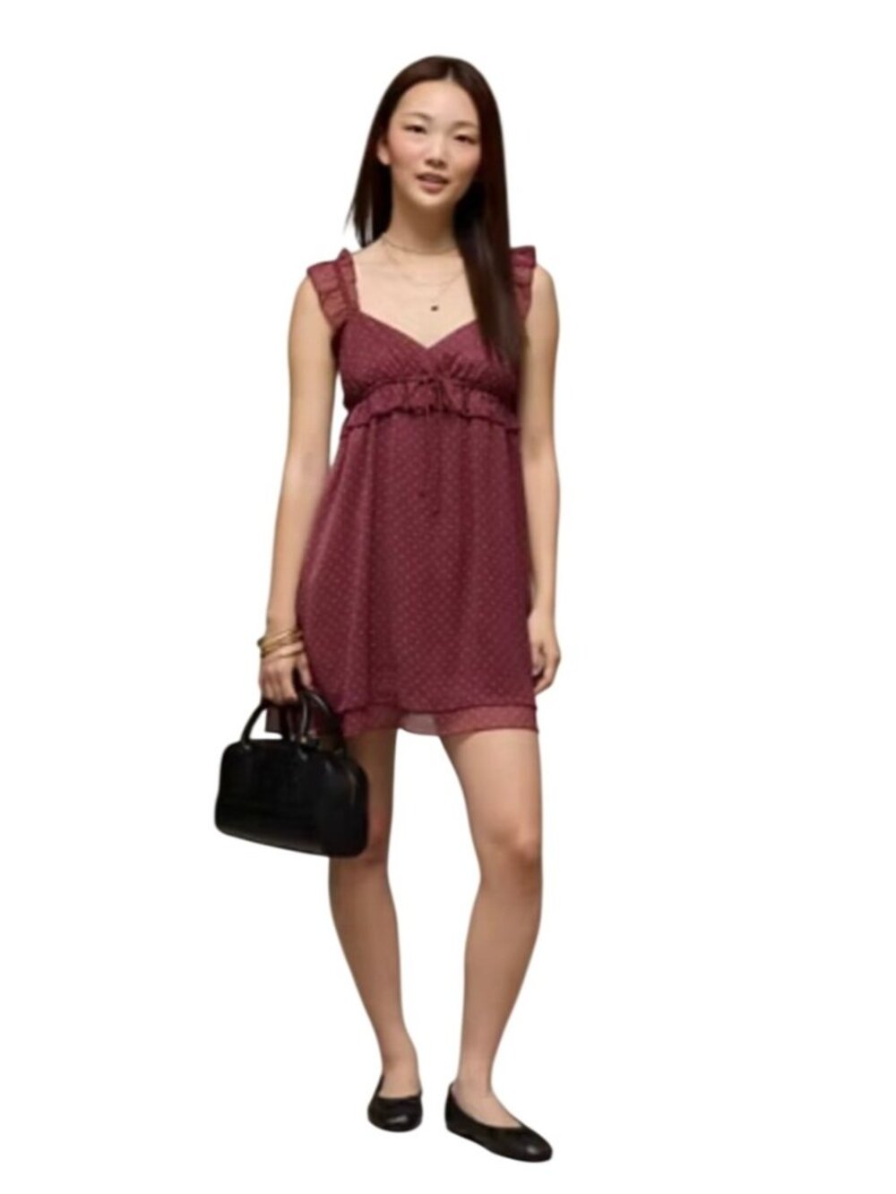 American Eagle L Babydoll Dress Ruffle Mini Burgundy Polka Dot Chiffon Preppy